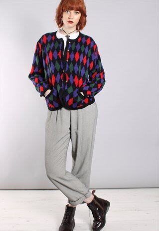 VINTAGE 80S OVERSIZE DIAMOND PATTERNED CARDIGAN