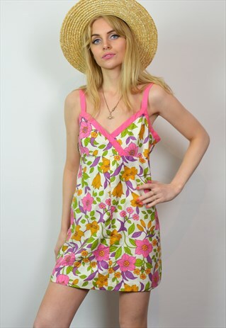 VINTAGE 70S PINK FLORAL PATTERN SUMMER MINI DRESS