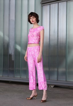 Vintage Y2K Barbie Look Silky Set Pink Crop Top Pants XS