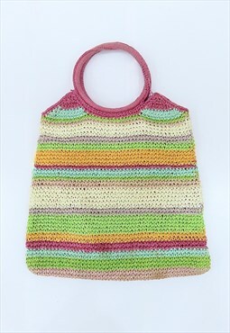 90s Vintage Multicoloured Straw Woven Shoulder Tote Bag