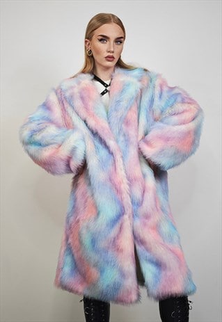 TIE-DYE COAT FAUX FUR PASTEL PINK SHAGGY TRENCH OVERCOAT 