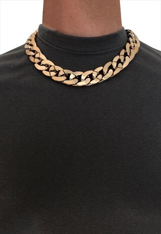 30MM 15" CHOKER WIDE CHUNKY CURB NECKLACE CHAIN - GOLD