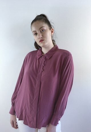 WOMENS VINTAGE 80S BLOUSE PURPLE LONG SLEEVED SHIRT TOP