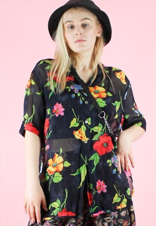 VINTAGE 90S BLOUSE SHIRT FLORAL BLUE RED TRANSPARENT