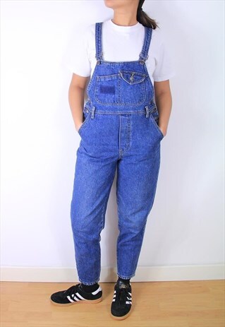 VINTAGE FITTED TAPERED LEG 90S DENIM DUNGAREES IN MID BLUE