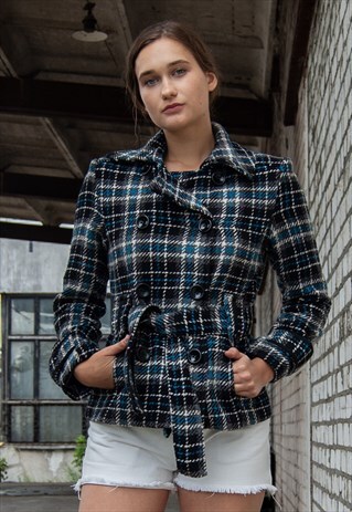 VINTAGE RETRO BLUE BLACK WHITE CHECKED WOOL JACKET WITH BELT