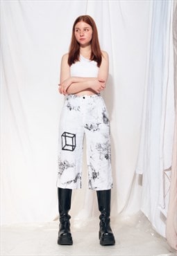 Vintage Trousers 90s Reworked Hand-painted White Linen Pants