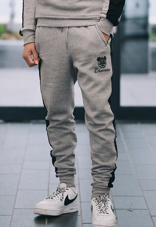 SMOKE GREY VELOUR STRIPE JOGGER TROUSERS