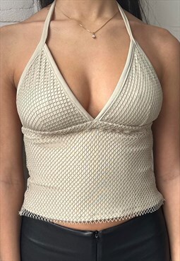 becca halterneck fishnet detail top in beige