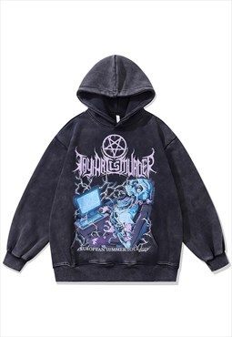 Pentagram print hoodie vintage wash Gothic pullover in grey