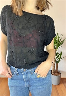1970's vintage semi sheer black blouse with glass beads