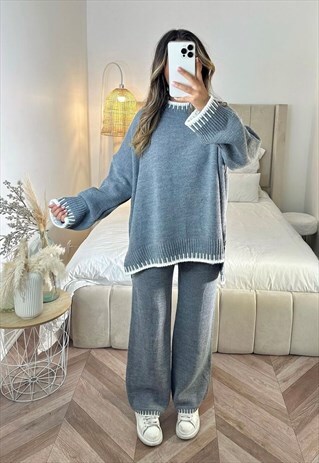 AZELLE COLLECTION GREY KNITTED STITCHING CO-ORD SET