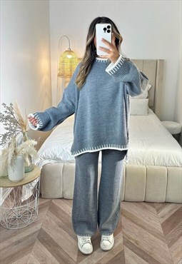Azelle Collection Grey Knitted Stitching Co-ord Set