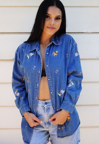 CUTE 'WINNIE THE POOH' EMBROIDERED 90'S DENIM SHIRT