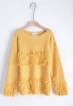Long Sleeve Jumper with Fringed Tassel Design in Yellow