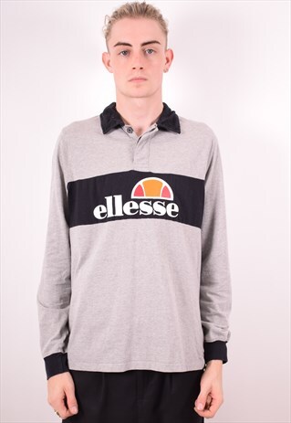 ELLESSE MENS VINTAGE POLO SHIRT LONG SLEEVE LARGE GREY 90S