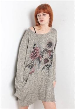 Vintage Y2K Floral Print Sweatshirt Dress Grey