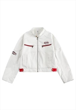 Cropped racing jacket faux leather motorsports bomber white