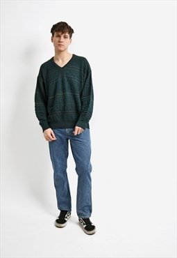 Retro sweater men's green vintage wool v-neck knit jumper L
