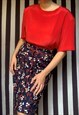 VINTAGE 70S NAVY MIDI SKIRT WITH RED AND WHITE FLORALS, UK12