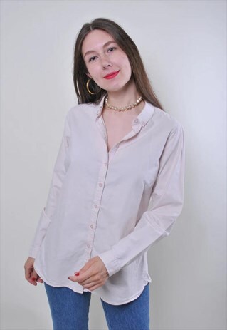 WOMEN VINTAGE BEIGE COTTON MINIMALIST BLOUSE