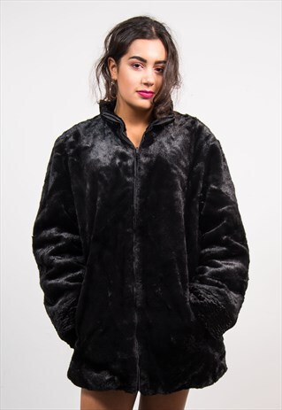 VINTAGE 90'S BLACK FAUX FUR REVERSIBLE COAT