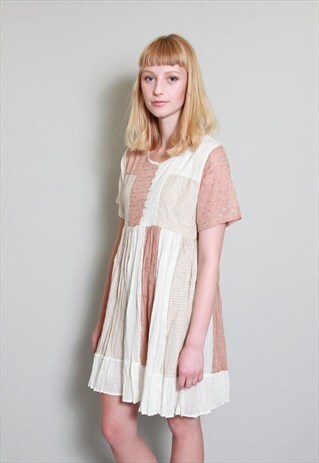 VINTAGE 1980'S PINK AND WHITE PATCHWORK LOOSE SMOCK HIPPY SU