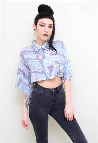 VINTAGE 90'S INDIE ABSTRACT PATTERNED REWORKED CROP SHIRT