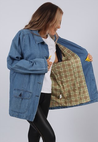 VINTAGE Y2K DENIM JACKET OVERSIZED CHECKED UK 16 XL (HF6C)