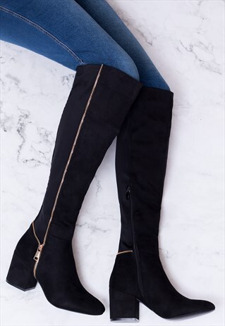 EAGLEY BLOCK HEEL KNEE HIGH TALL BOOTS - BLACK SUEDE STYLE
