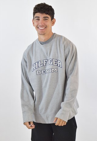 VINTAGE 90S GREY TOMMY HILFIGER CREW NECK SWEATSHIRT