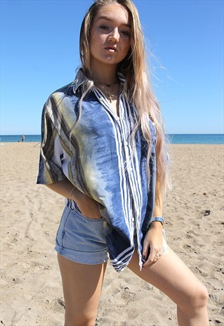 BLUE & WHITE STRIPE SHORT SLEEVED BOYFRIEND SHIRT