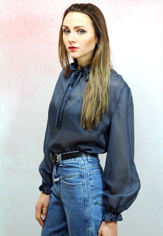 1980S VINTAGE BLUE AND WHITE POLKA DOT SEMI SHEER BLOUSE
