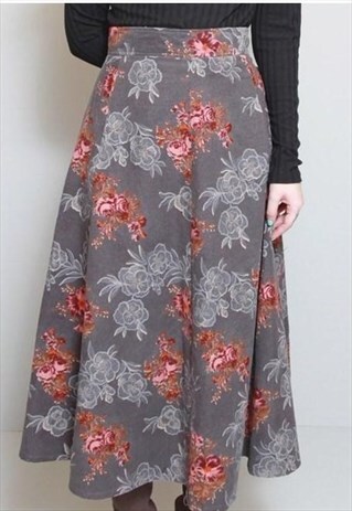 VINTAGE 1970'S FLORAL CORDUROY A-LINE MIDI SKIRT