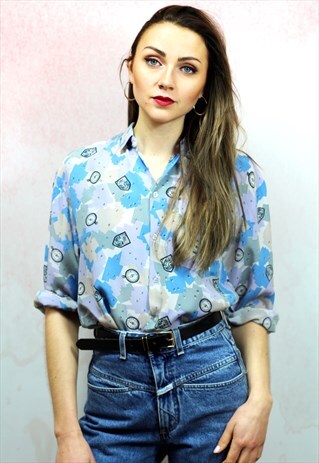 1980S VINTAGE LILAC AND BLUE COMPASS PATTERNED SILKY BLOUSE
