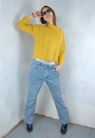 Vintage y2k crochet short knitted warm jumper in yellow