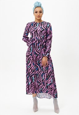 Purple Animal Print Long Sleeve Maxi Dress 