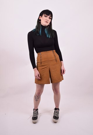 VINTAGE 80'S BROWN COTTON HIGH WAIST SMART SHORTS SIZE 10 12