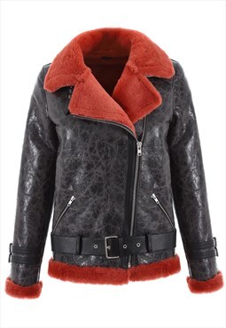 Womens Shearling Pilot Jacket - Cracked Anthracite / Brick w