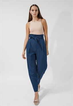 High waisted  baggy pleated pants in blue striped 