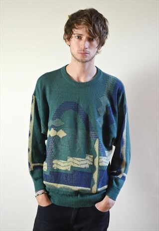 80S VINTAGE GREEN & BLUE ABSTRACT PATTERN KNIT JUMPER