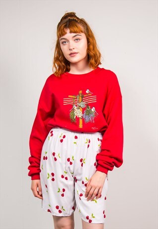 VINTAGE 90'S WHITE CHERRY PATTERN SUMMER SHORTS CULOTTES