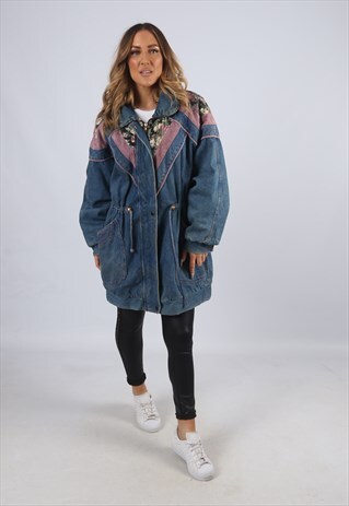 VINTAGE DENIM PARKA JACKET OVERSIZED LONG UK 12 M (FX5B)
