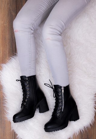 ROCK IT LACE UP BLOCK HEEL ANKLE BOOTS - BLACK LEATHER STYLE