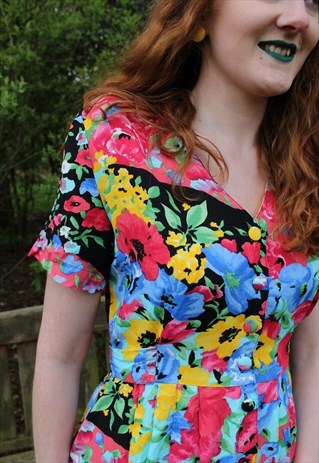 VINTAGE 80'S YELLOW PINK BLUE FLORAL FESTIVAL MINI DRESS