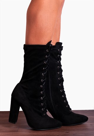 BLACK STRETCH SOCK LACES UPS ANKLE HIGH HEELS BOOTS