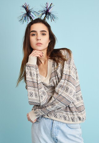 80'S RETRO CHRISTMAS OVERSIZED NEUTRAL FAIR ISLE JUMPER TOP