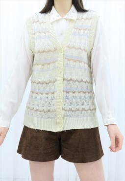 90s Vintage Multicoloured Cream Knitted Waistcoat (Size S)