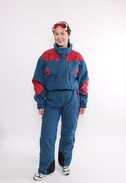 90s one piece ski suit, vintage snowsuit in blue color 