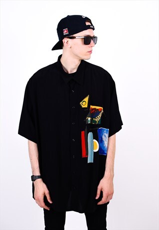 VINTAGE 90S BLACK ABSTRACT SHORT SLEEVE SHIRT